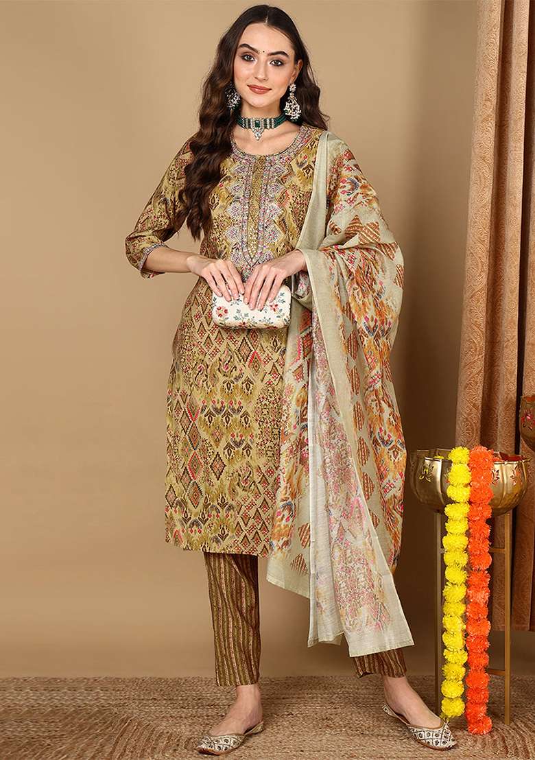 Mustard Yellow Printed Cotton Straight Kurta Set - Indya