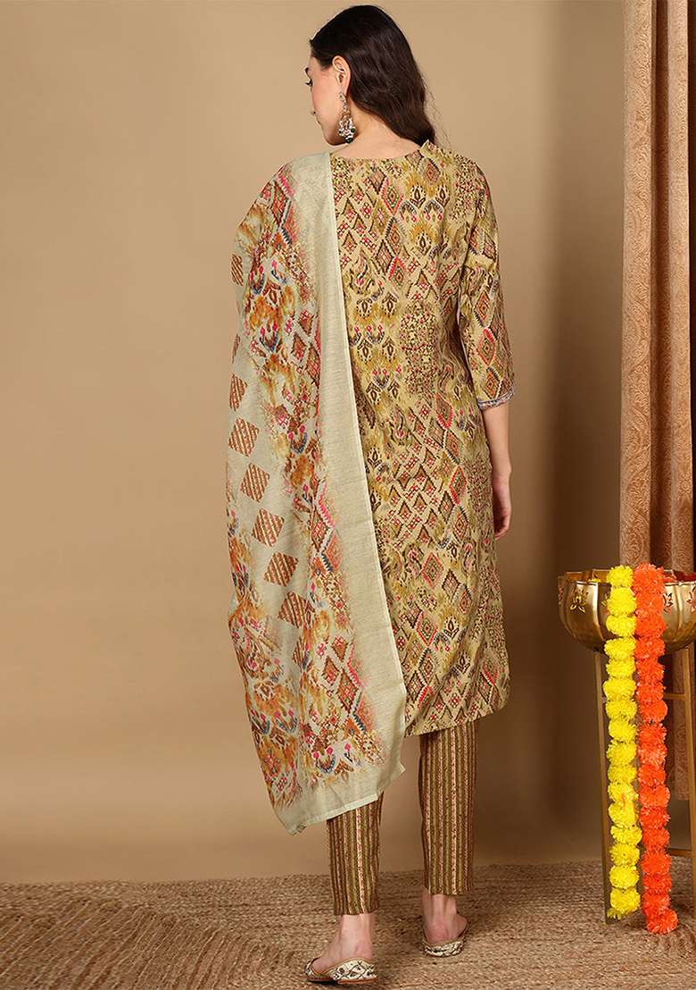 Mustard Yellow Printed Cotton Straight Kurta Set - Indya