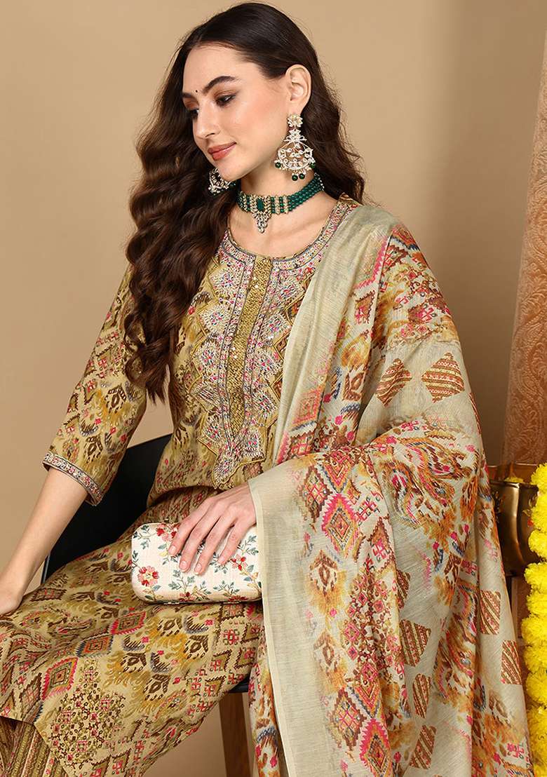 Mustard Yellow Printed Cotton Straight Kurta Set - Indya