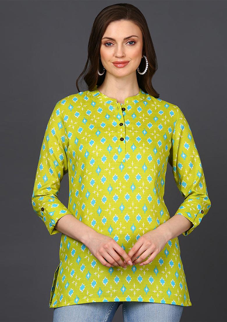 Lime Green Printed Cotton Blend Tunic