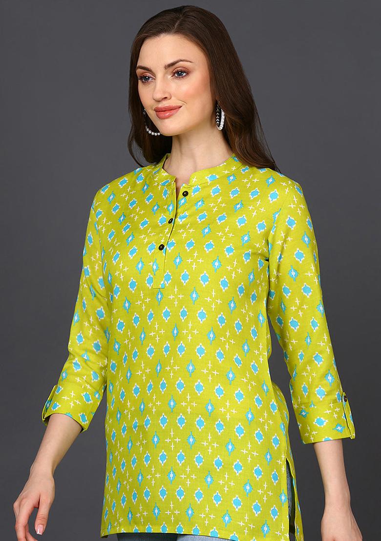 Lime Green Printed Cotton Blend Tunic