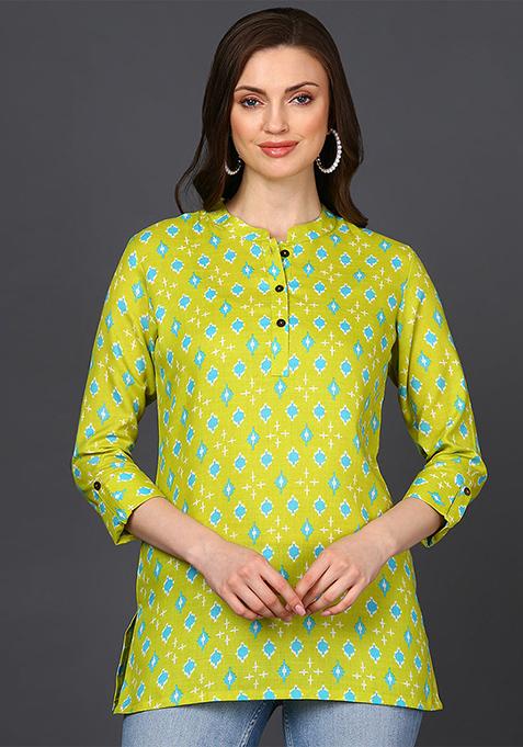 Lime Green Printed Cotton Blend Tunic