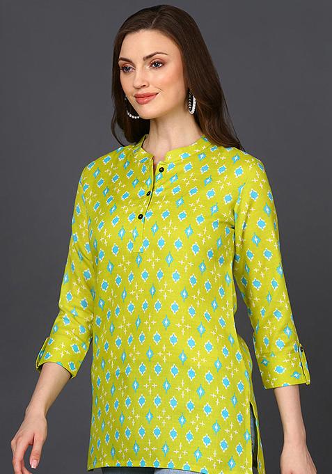 Lime Green Printed Cotton Blend Tunic