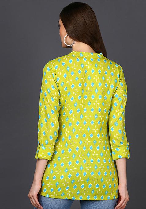 Lime Green Printed Cotton Blend Tunic