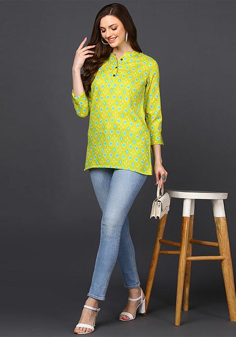 Lime Green Printed Cotton Blend Tunic
