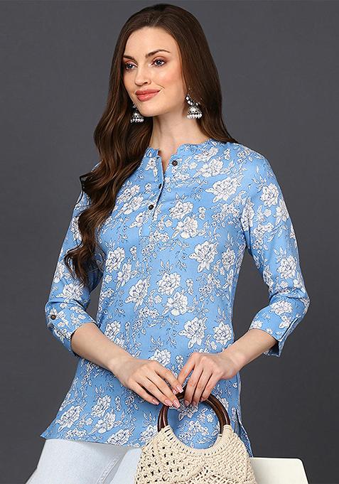 Blue Printed Cotton Blend Tunic