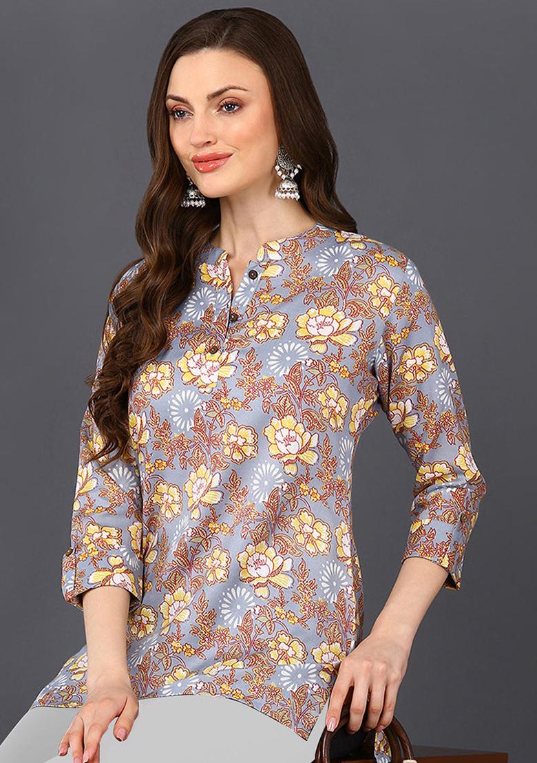 Grey Printed Cotton Blend Tunic