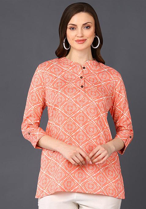 Peach Printed Cotton Blend Tunic