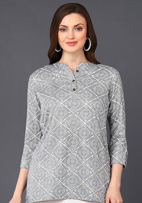 Grey Printed Cotton Blend Tunic