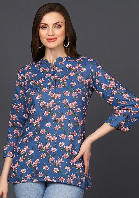 Blue Printed Cotton Blend Tunic