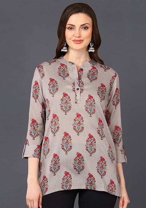 Grey Printed Cotton Blend Tunic