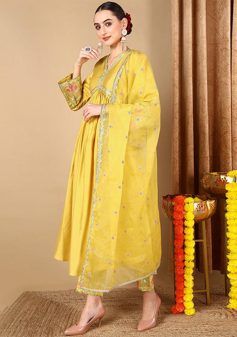 Yellow Embroidered Silk Blend Kurta Set