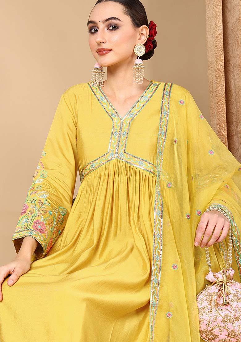 Yellow Embroidered Silk Blend Kurta Set