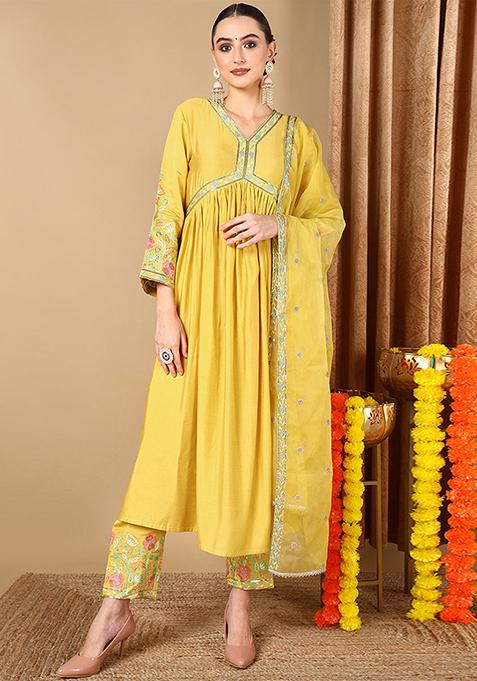 Yellow Embroidered Silk Blend Kurta Set