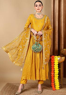 Yellow Embroidered Silk Blend Kurta Set