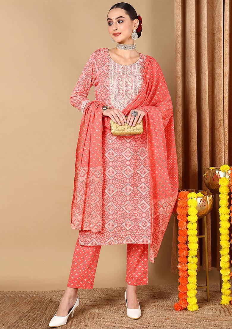Peach Printed Pure Cotton Kurta Set