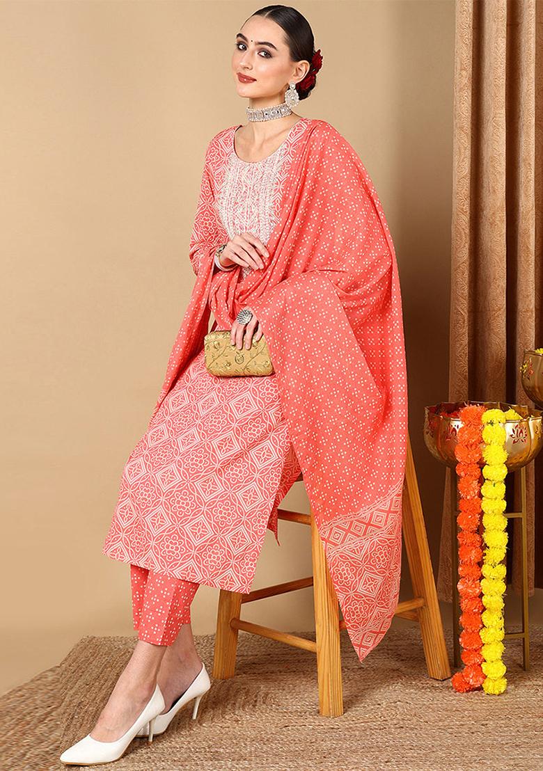 Peach Printed Pure Cotton Kurta Set