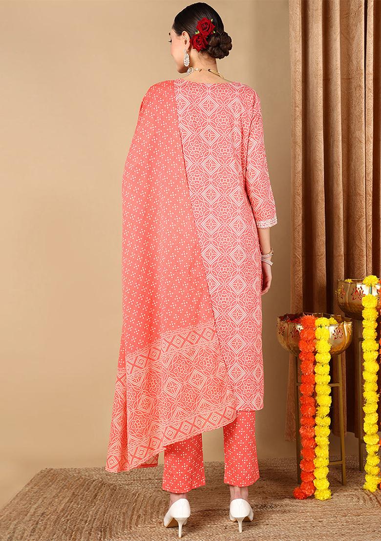 Peach Printed Pure Cotton Kurta Set