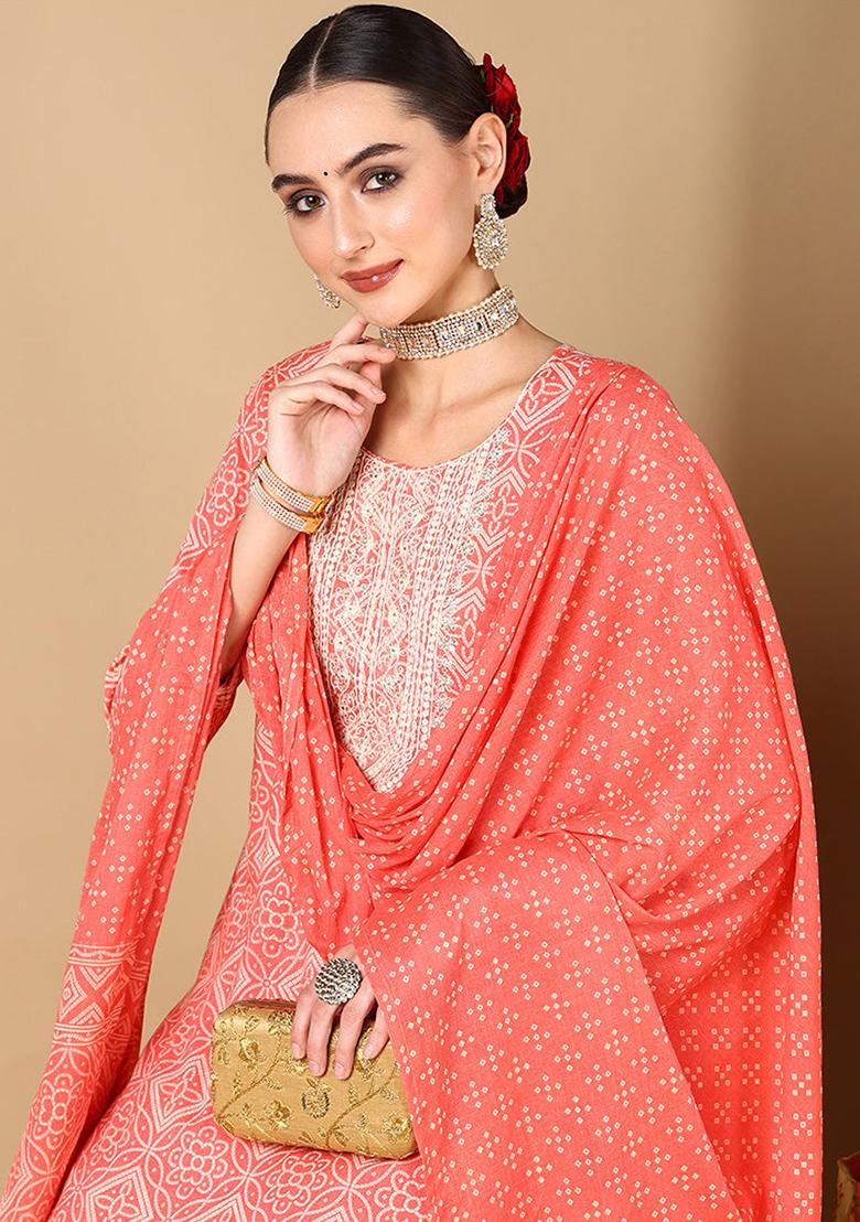 Peach Printed Pure Cotton Kurta Set
