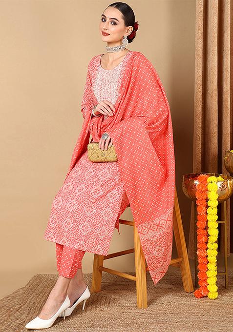 Peach Printed Pure Cotton Kurta Set