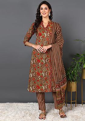 Brown Printed Pure Cotton Kurta Set