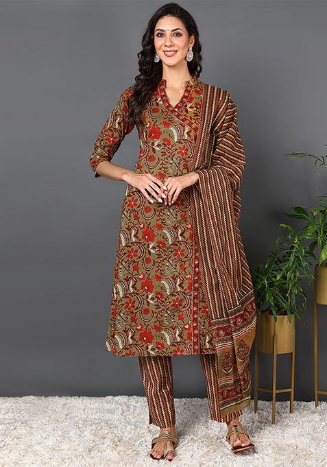 Brown Printed Pure Cotton Kurta Set