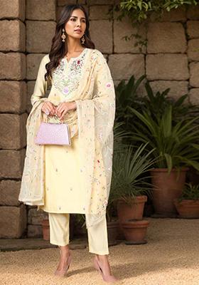 Yellow Embroidered Silk Blend Kurta Set