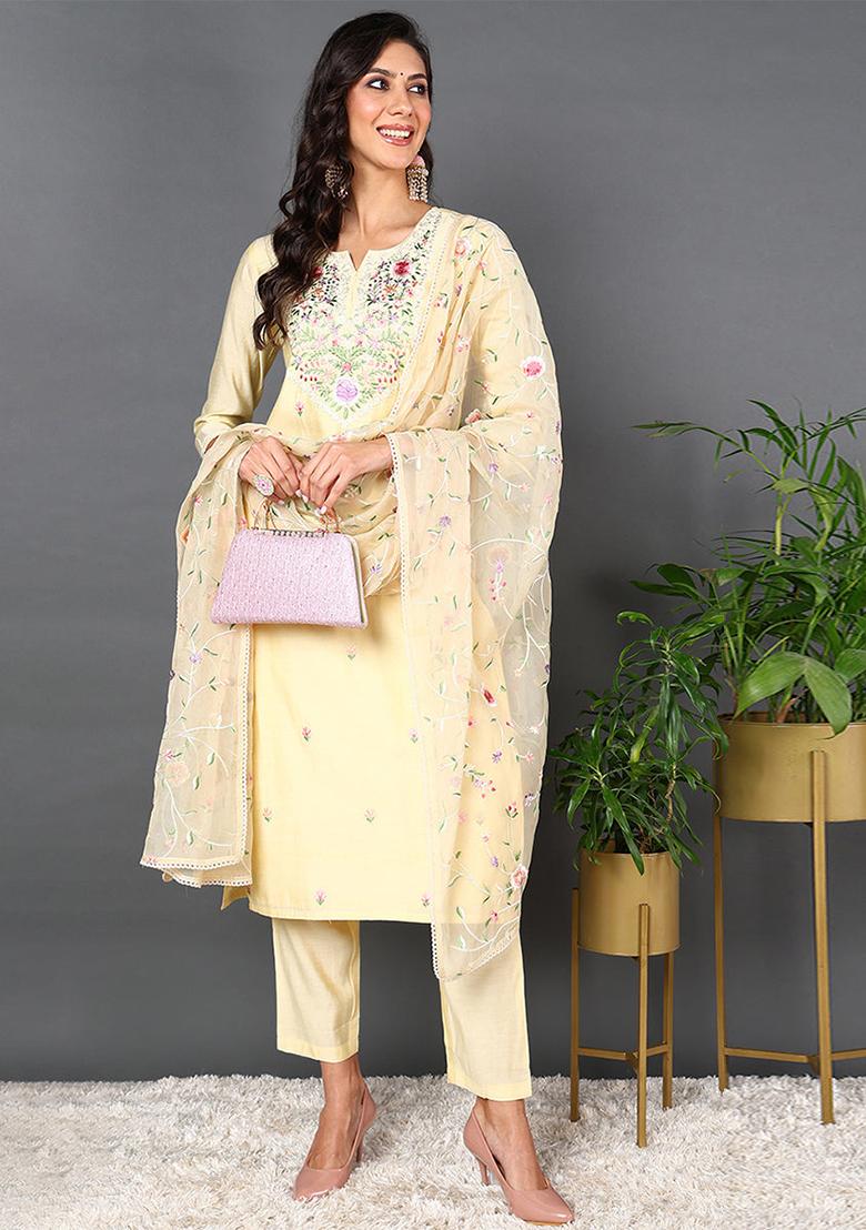 Yellow Embroidered Silk Blend Kurta Set