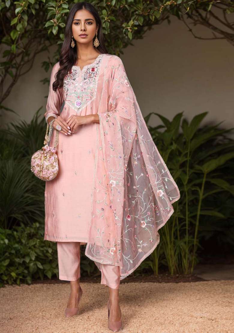 Pink Embroidered Blended Straight Kurta Set - Indya