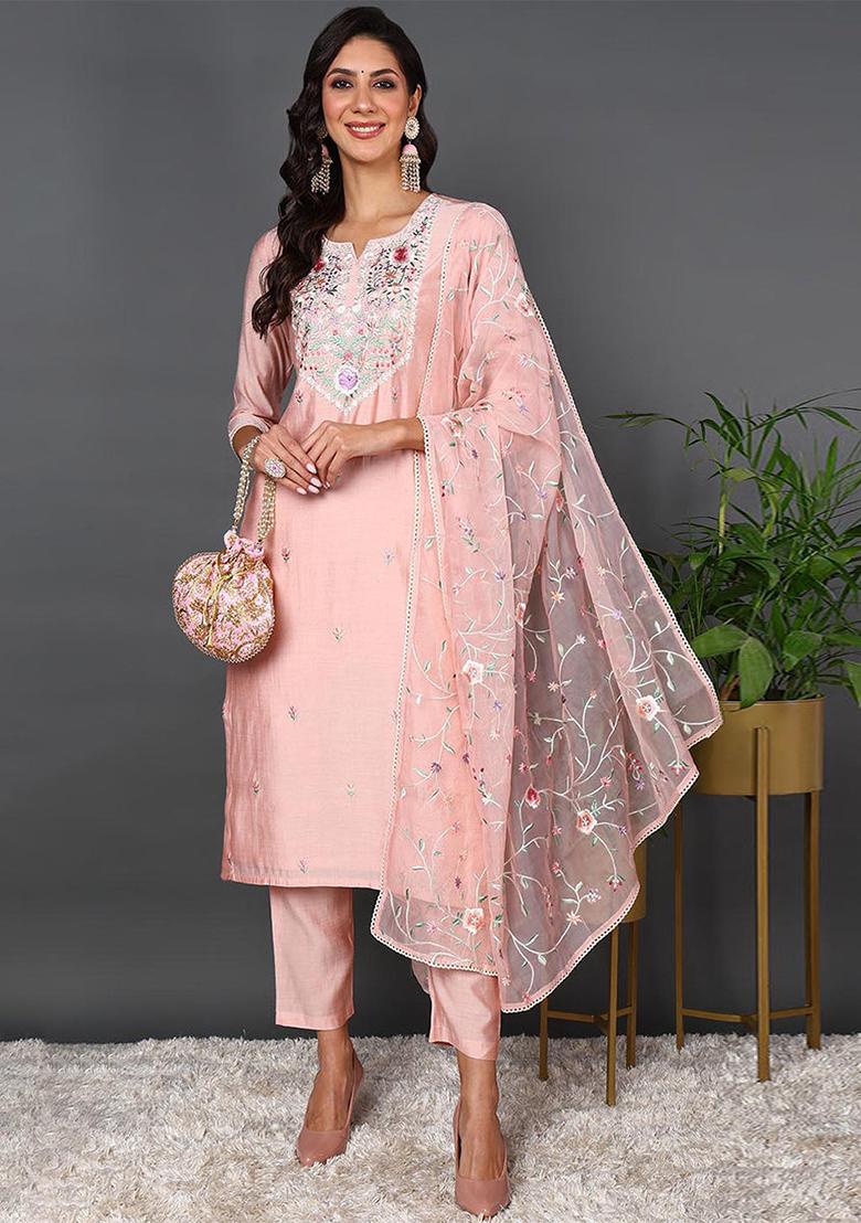 Pink Embroidered Silk Blend Kurta Set