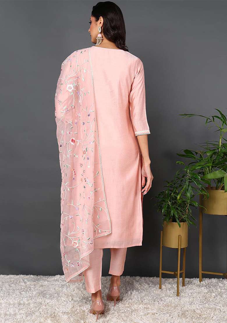 Pink Embroidered Blended Straight Kurta Set - Indya