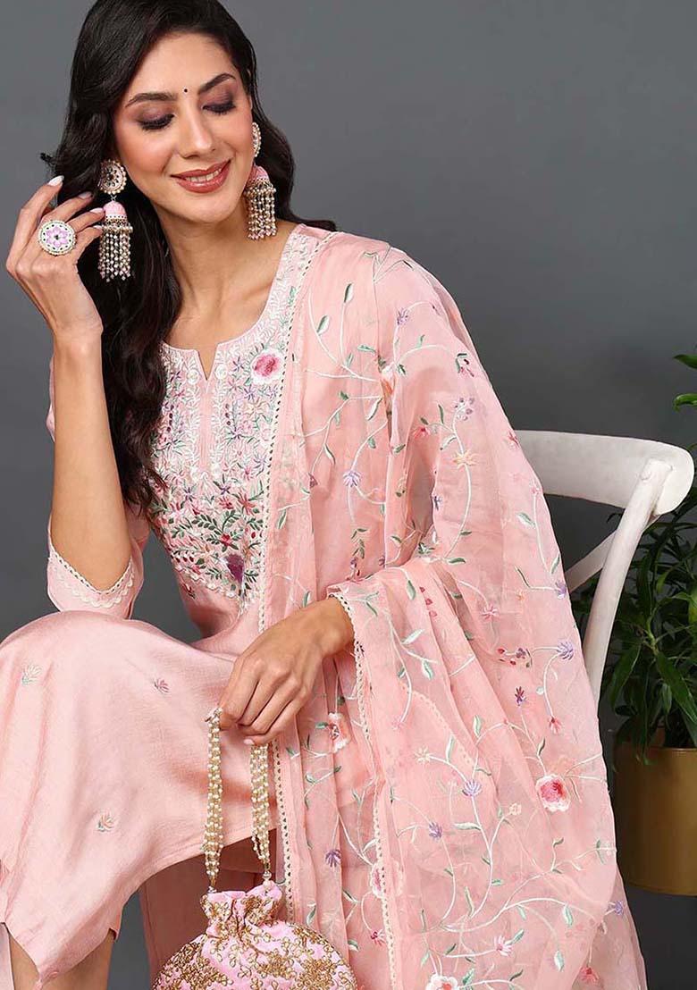 Pink Embroidered Silk Blend Kurta Set