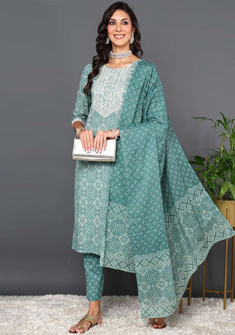 Green Printed Cotton Straight Kurta Set - Indya