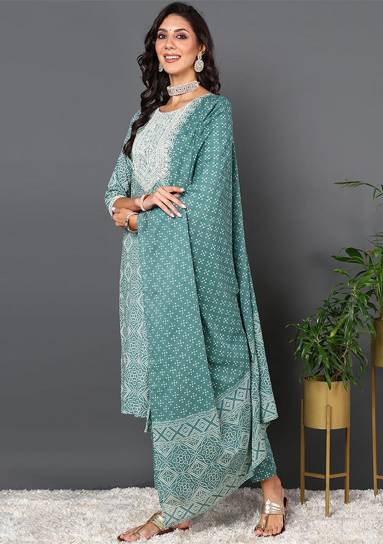Green Printed Pure Cotton Kurta Set