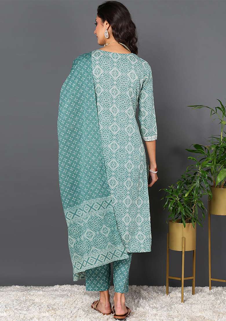 Green Printed Cotton Straight Kurta Set - Indya