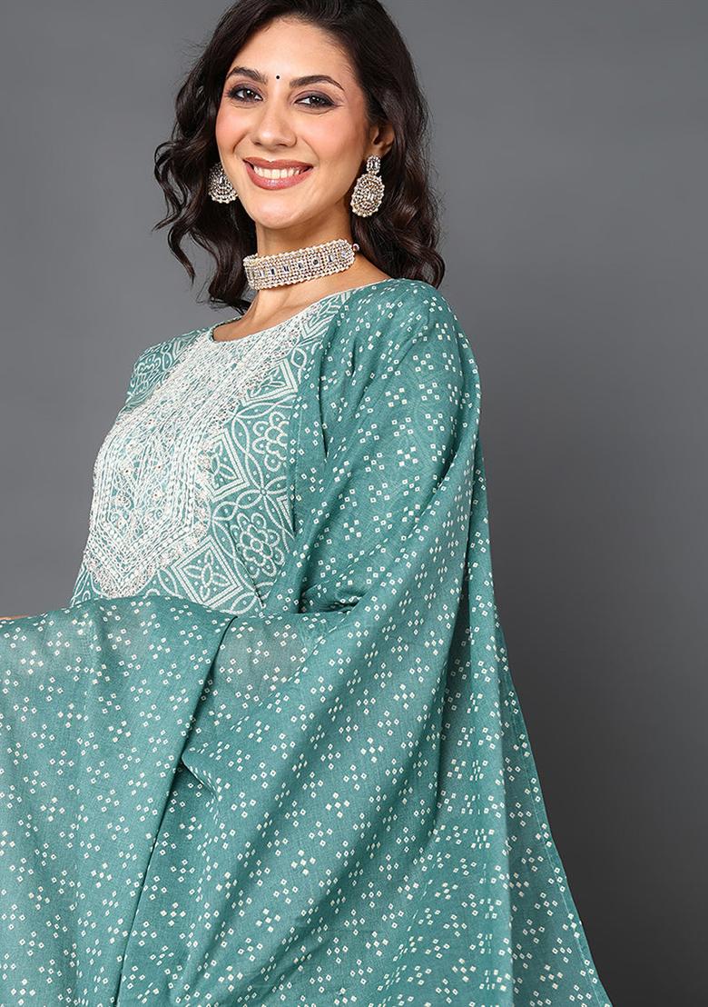 Green Printed Pure Cotton Kurta Set