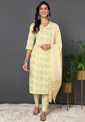 Yellow Printed Pure Cotton Kurta Set