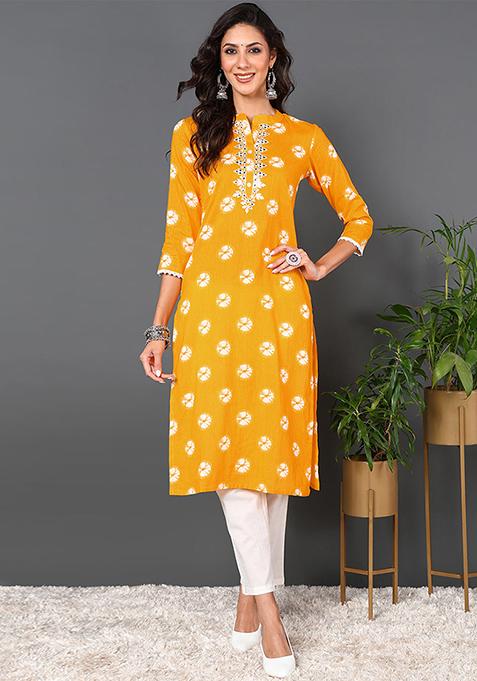 Yellow Embroidered Cotton Kurta