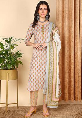 Grey Printed Pure Cotton Kurta Set