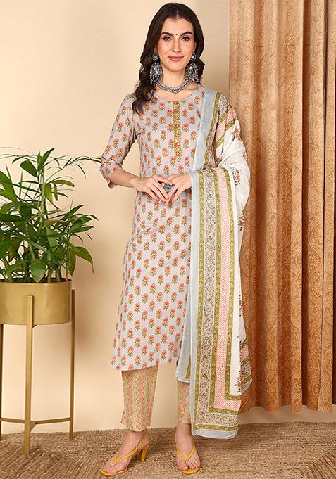 Grey Printed Pure Cotton Kurta Set