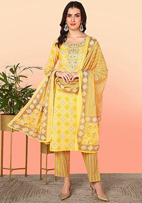 Yellow Printed Pure Cotton Kurta Set