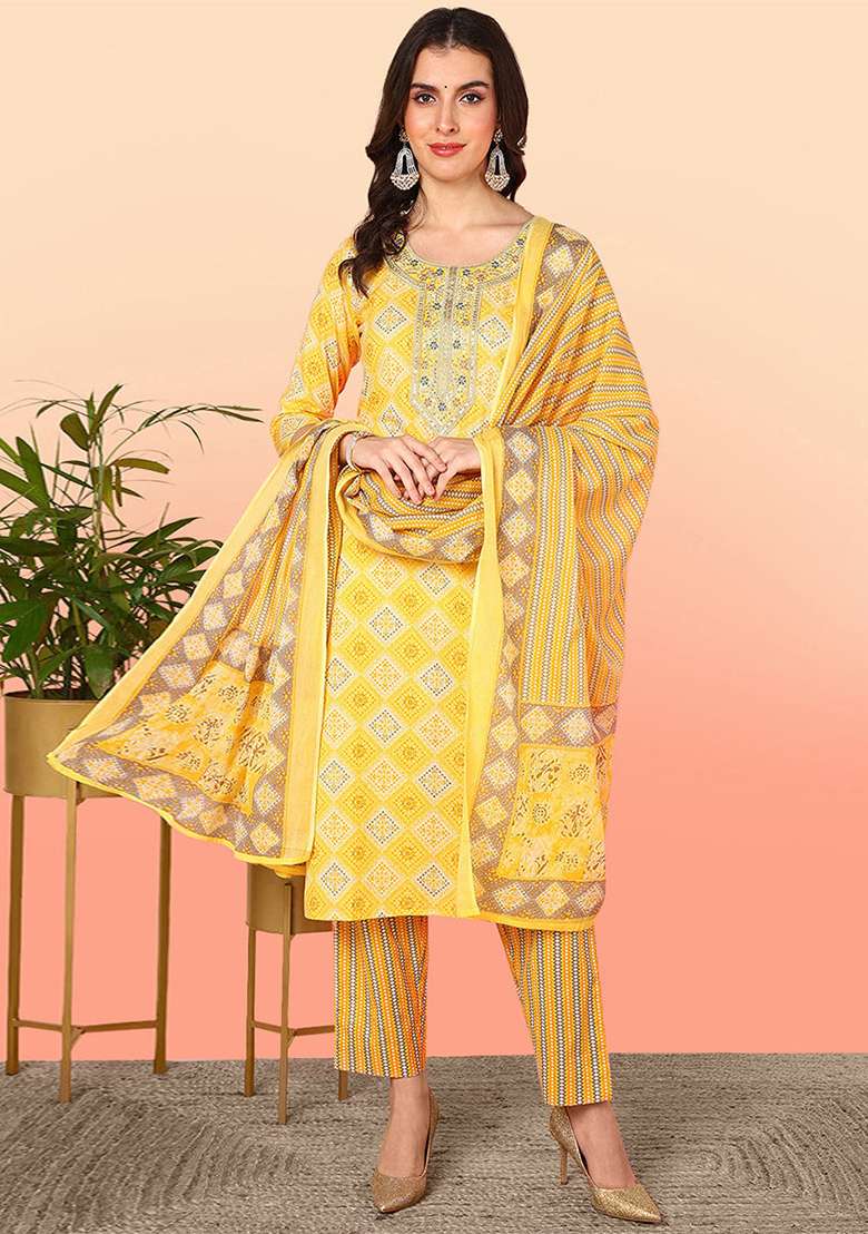 Yellow Printed Cotton Straight Kurta Set - Indya