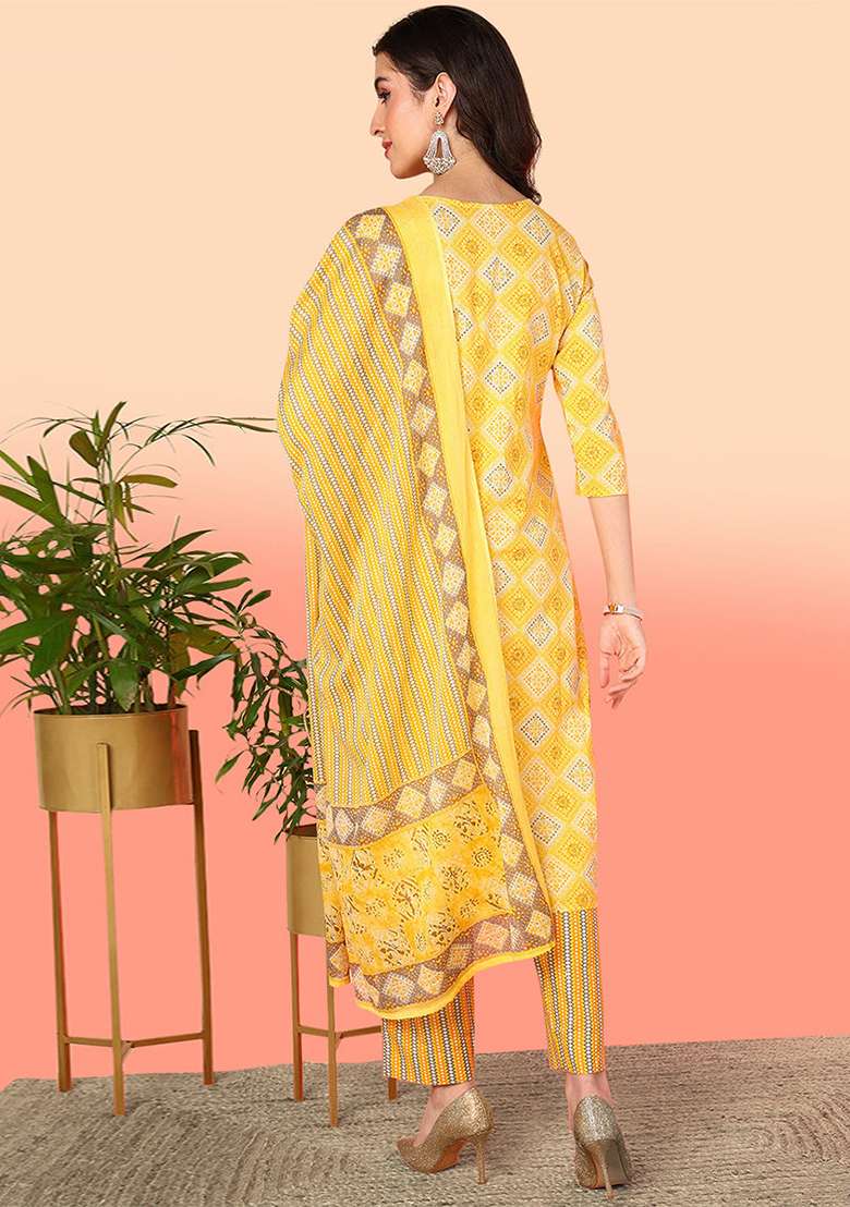 Yellow Printed Cotton Straight Kurta Set - Indya