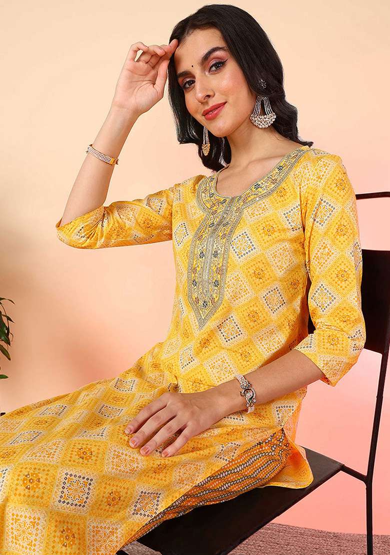 Yellow Printed Cotton Straight Kurta Set - Indya