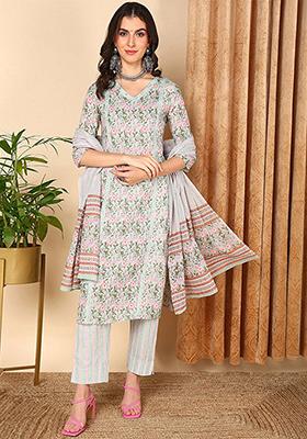 Sea Green Printed Pure Cotton Kurta Set
