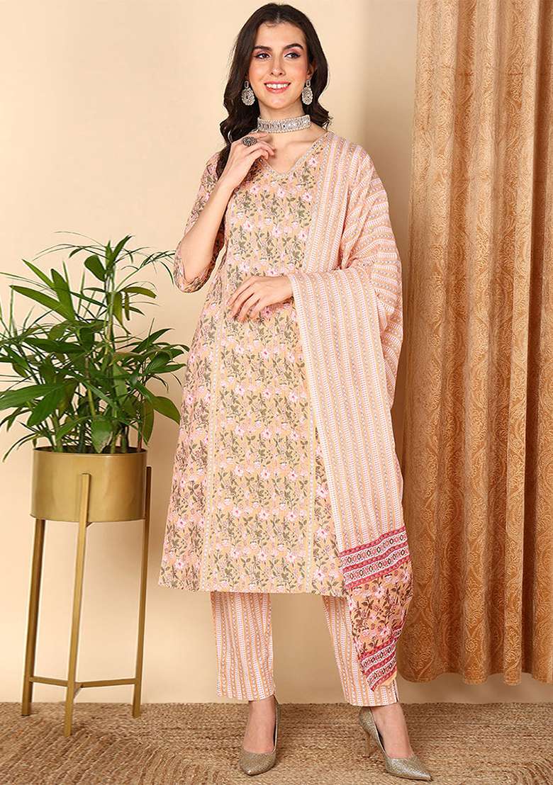 Peach Floral Print Cotton Straight Kurta Set - Indya