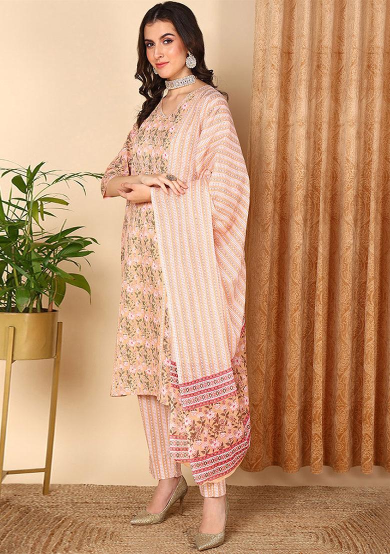 Peach Printed Pure Cotton Kurta Set