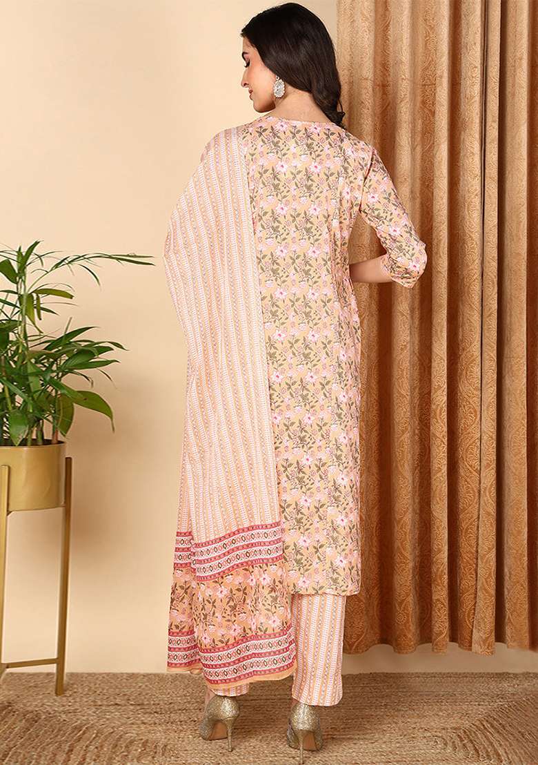 Peach Floral Print Cotton Straight Kurta Set - Indya
