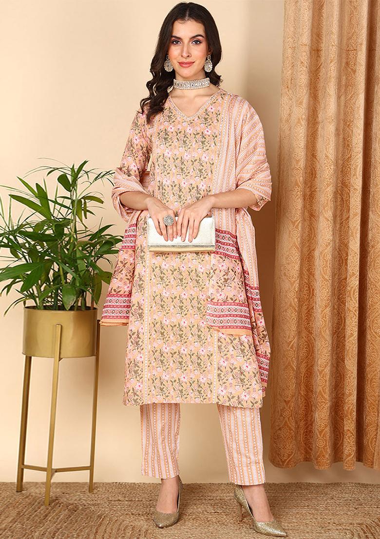 Peach Printed Pure Cotton Kurta Set