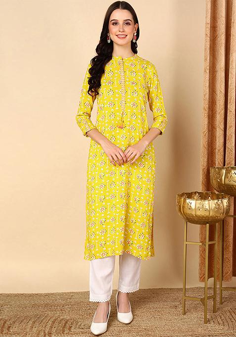 Yellow Printed Cotton Kurta